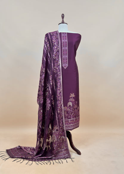 Wine Pure Silk Suit With Kani Gold Zari Weaving
