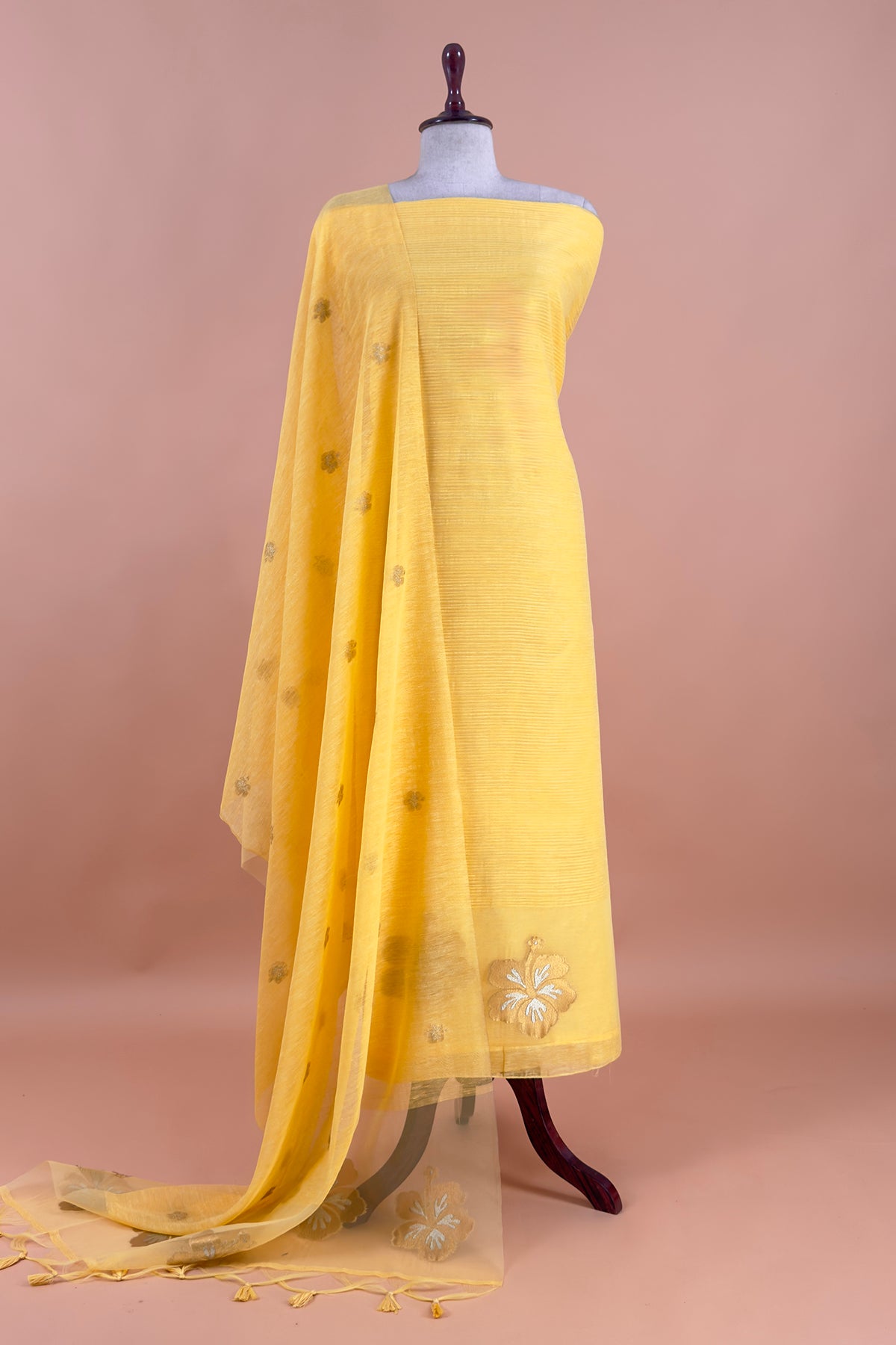 Yellow Linen Chanderi Suit With Gold Zari Jamdani Weaving