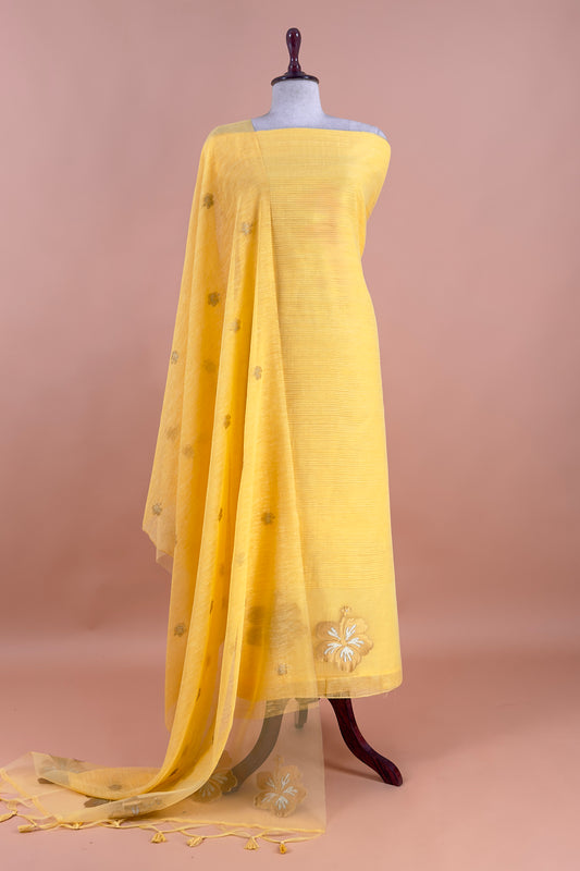 Yellow Linen Chanderi Suit With Gold Zari Jamdani Weaving