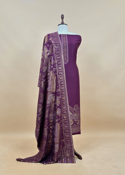 Purple Pure Woolen Suit With Kani Weaving