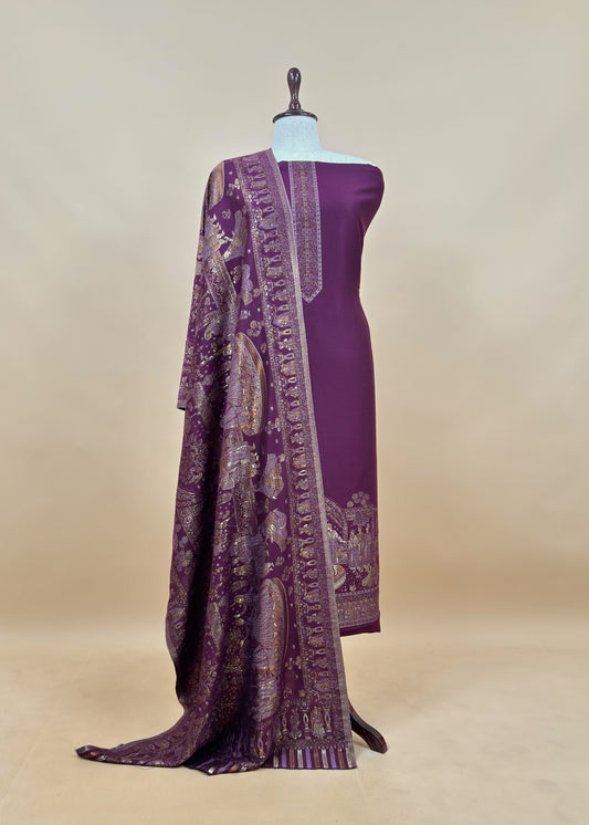 Wine Pure Woolen Suit With Kani Weaving