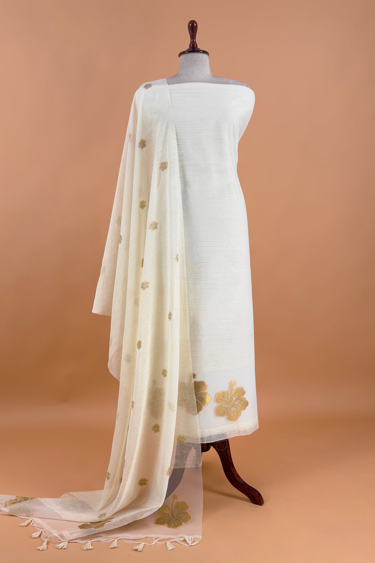 White Linen Chanderi Suit With Gold Zari Jamdani Weaving