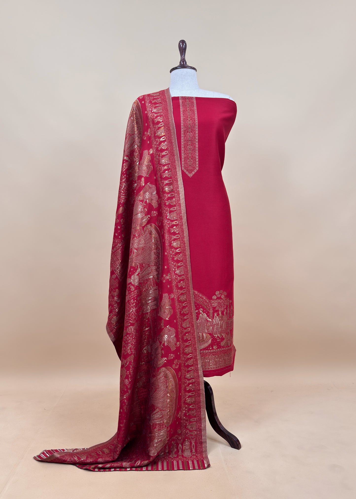Wine Pure Woolen Suit With Kani Weaving