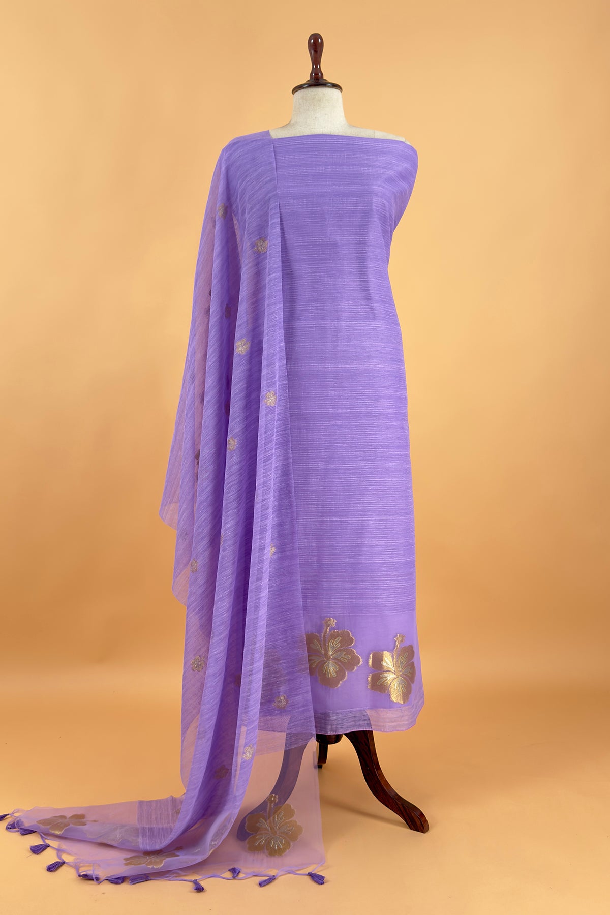Purple Linen Chanderi Suit With Gold Zari Jamdani Weaving