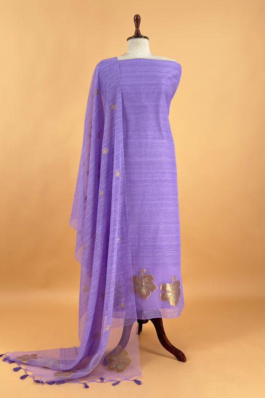 Purple Linen Chanderi Suit With Gold Zari Jamdani Weaving