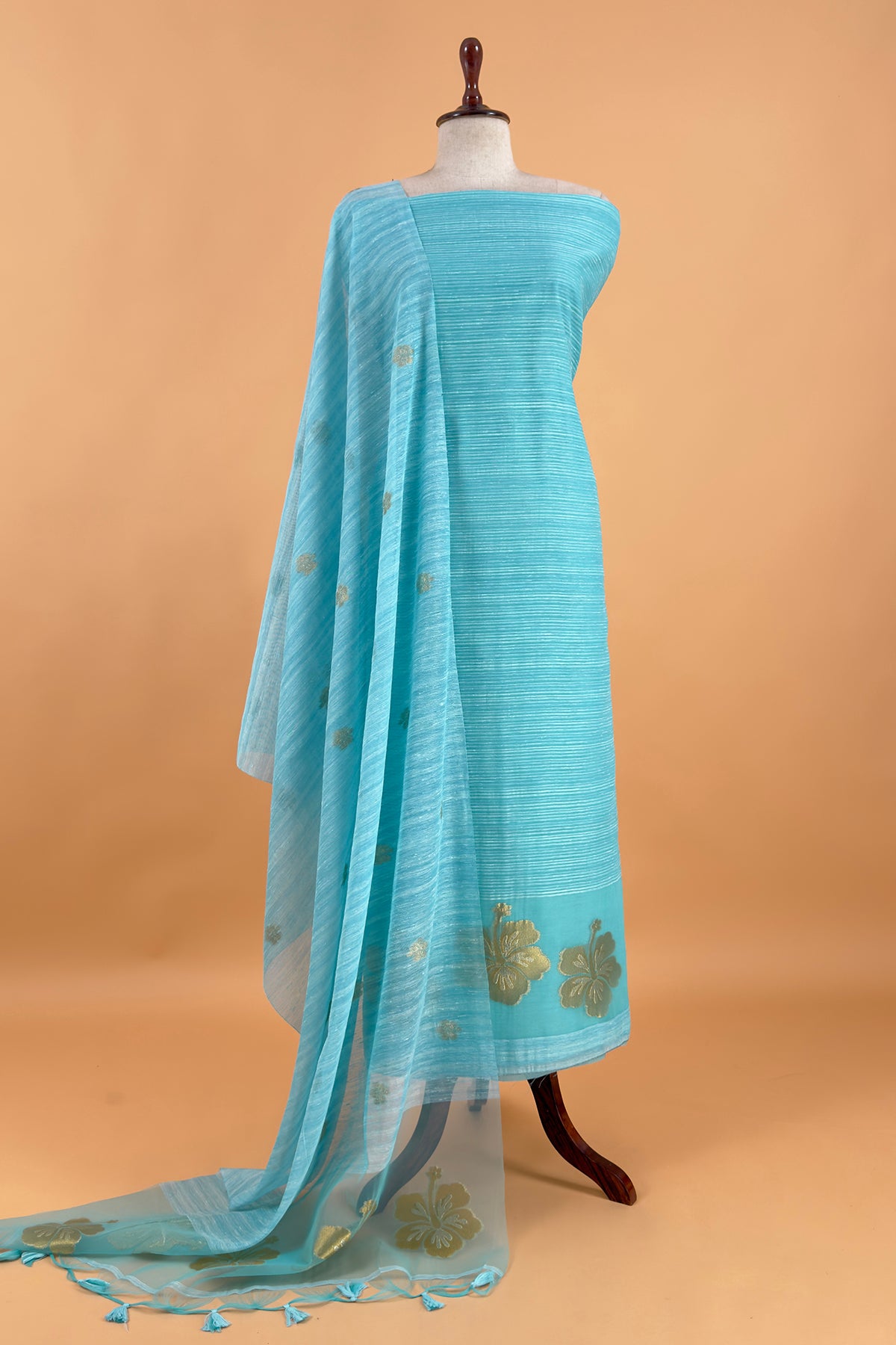 Ice Blue Linen Chanderi Suit With Gold Zari Jamdani Weaving