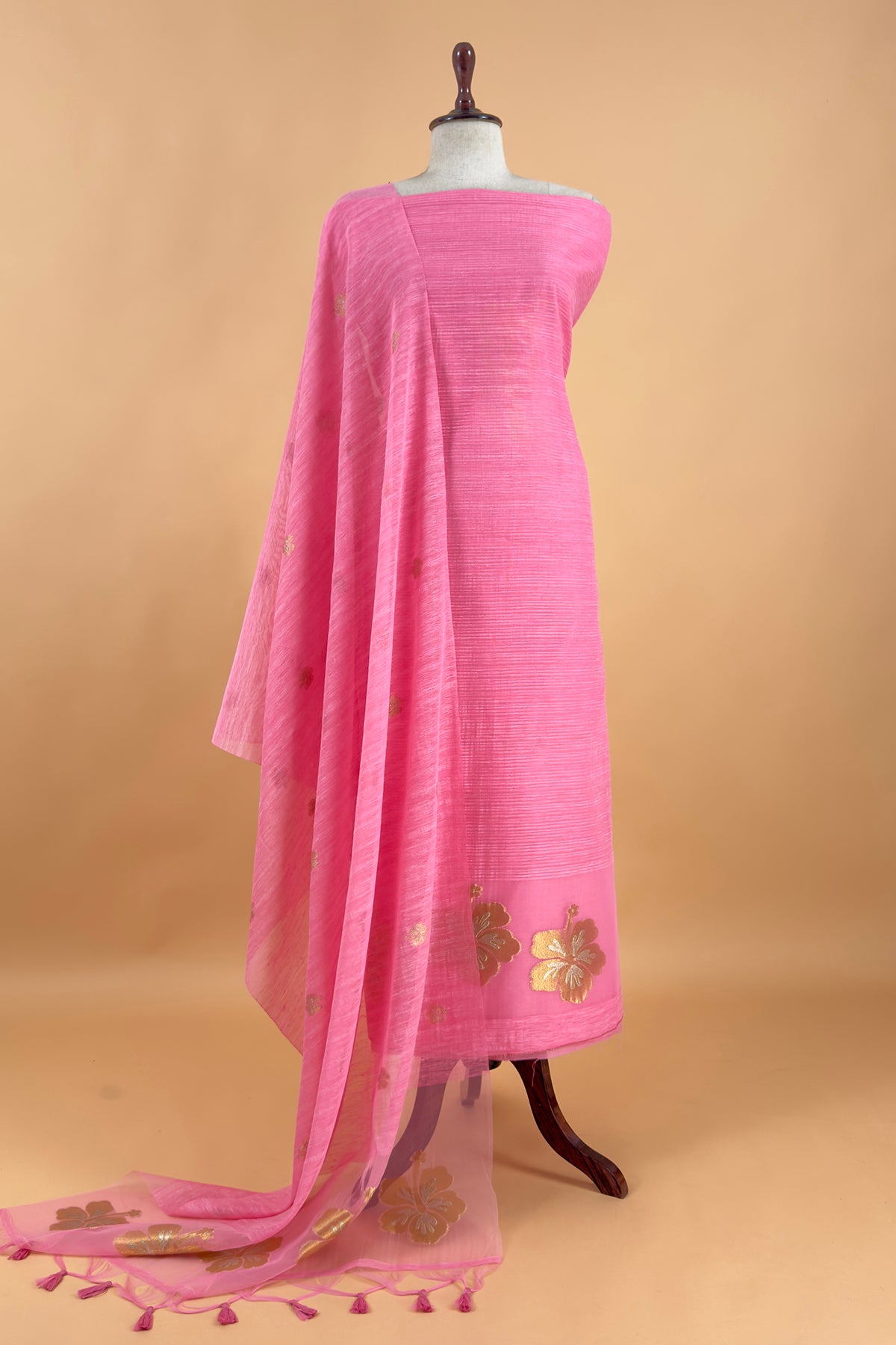 Pink Linen Chanderi Suit With Gold Zari Jamdani Weaving