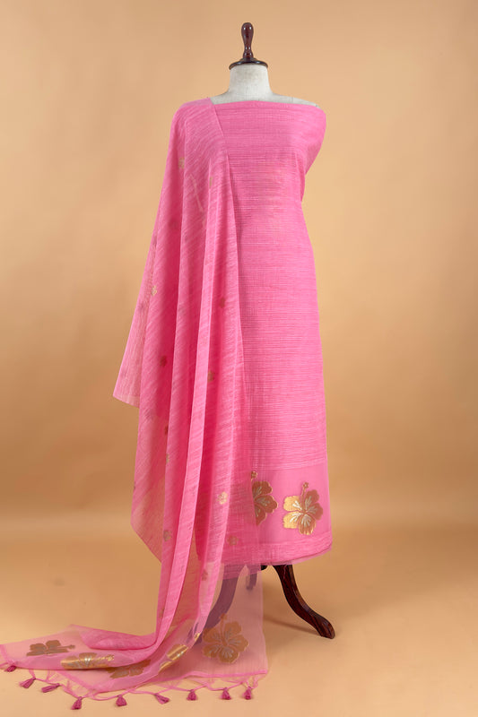 Pink Linen Chanderi Suit With Gold Zari Jamdani Weaving