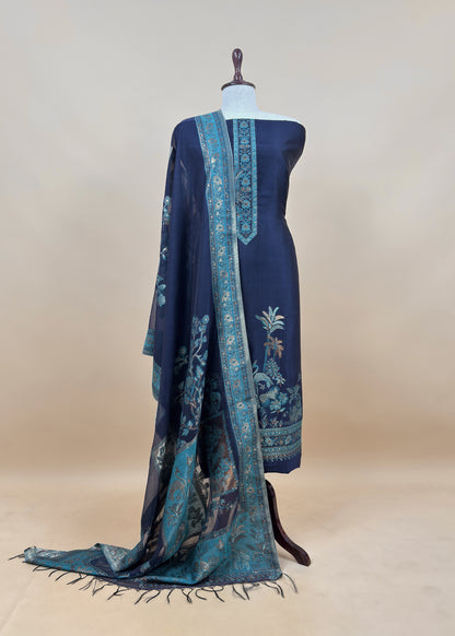 Maroon Unstitched Satin Silk Suit With Kani Weaving