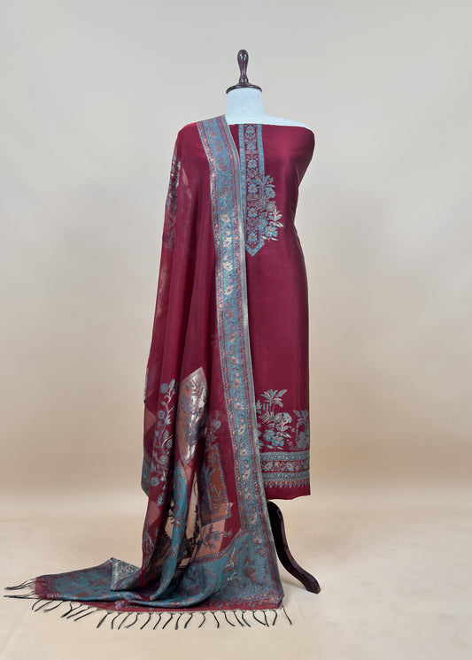 Maroon Unstitched Satin Silk Suit With Kani Weaving