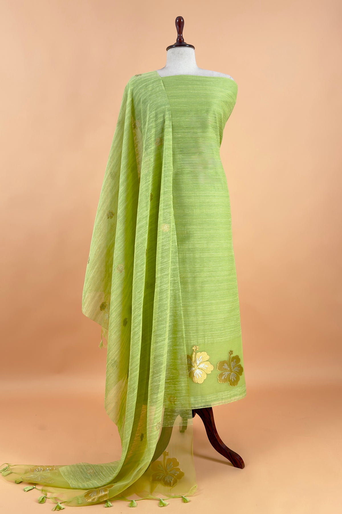 Parrot Green Linen Chanderi Suit With Gold Zari Jamdani Weaving
