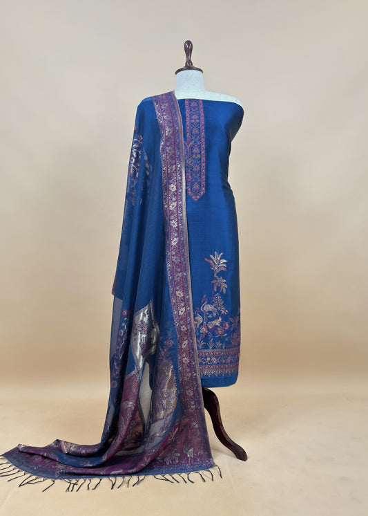 Blue Unstitched Satin Silk Suit With Kani Weaving