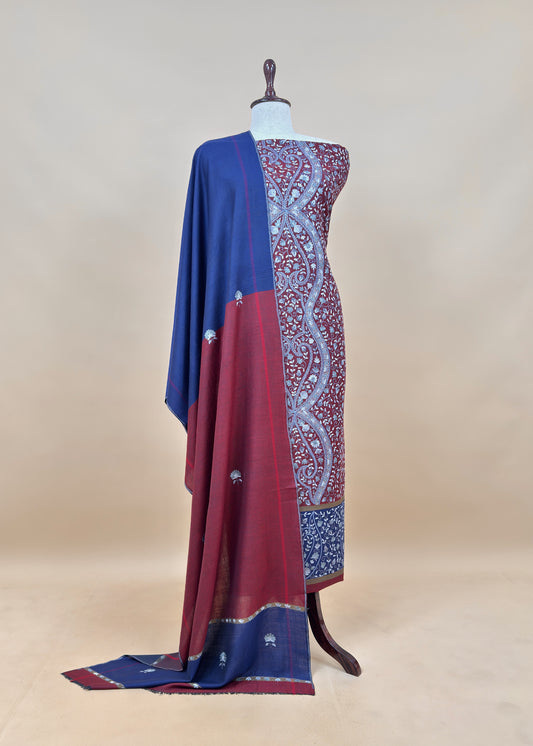 Blue And Red Grey Pure Merino Wool With Beautiful Aari Embroidery