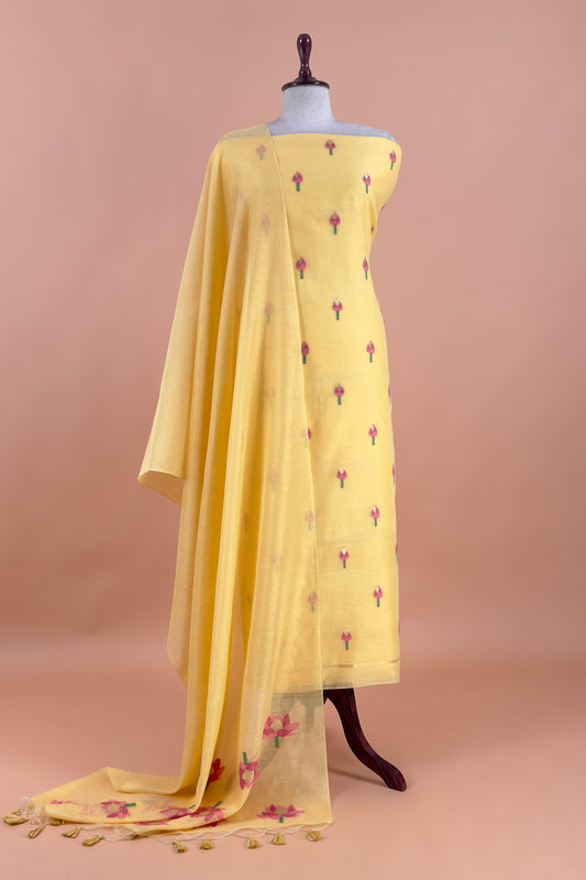 Yellow Linen Chanderi Suit With Lotus Jamdani Weaving