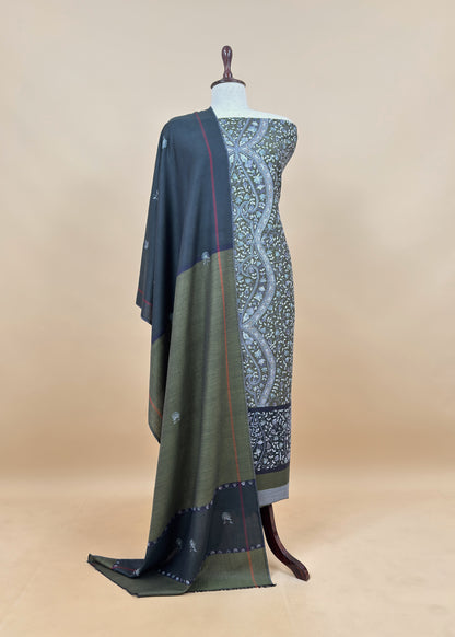 Blue And Red Grey Pure Merino Wool With Beautiful Aari Embroidery
