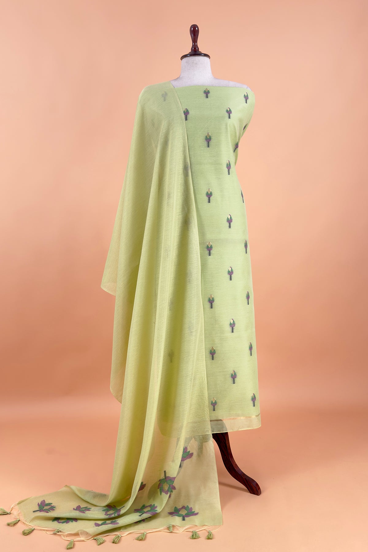 Green Linen Chanderi Suit With Lotus Jamdani Weaving