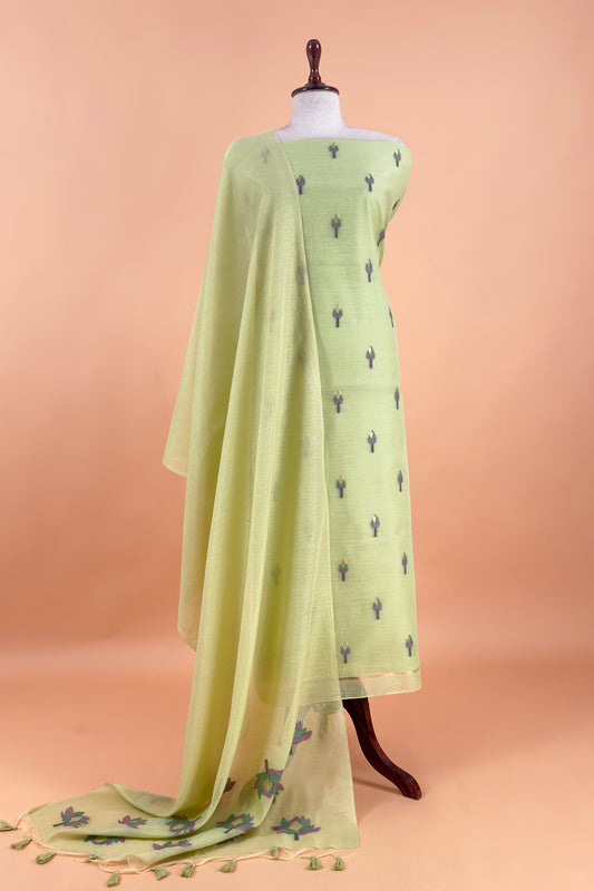 Green Linen Chanderi Suit With Lotus Jamdani Weaving