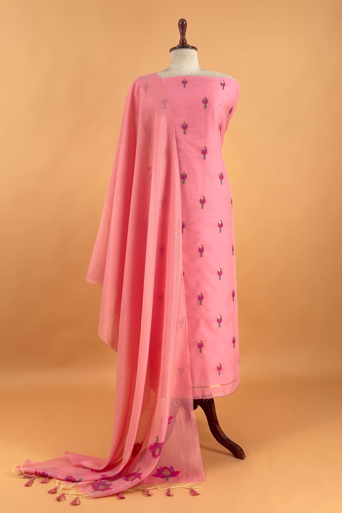 Pink Linen Chanderi Suit With Lotus Jamdani Weaving