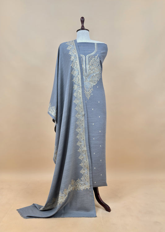 Gery Woolen Suit With Aari Embroidery
