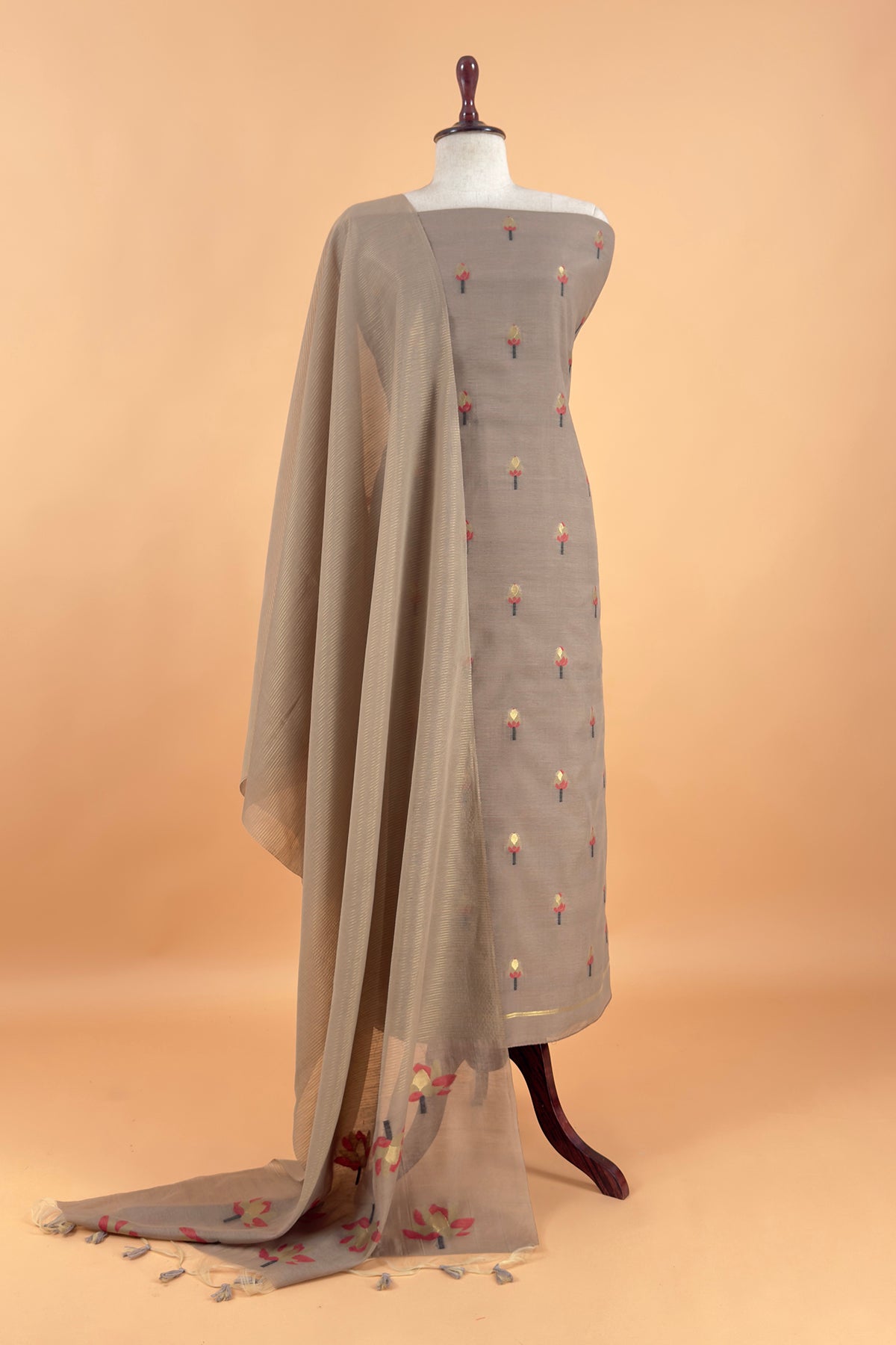 Chikoo Linen Chanderi Suit With Lotus Jamdani Weaving