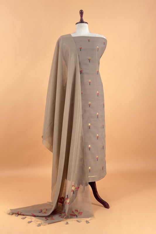Chikoo Linen Chanderi Suit With Lotus Jamdani Weaving