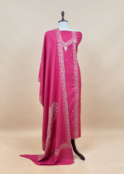 Pink Pure Merino Wool Suit With Kashmiri Aari Embroidery