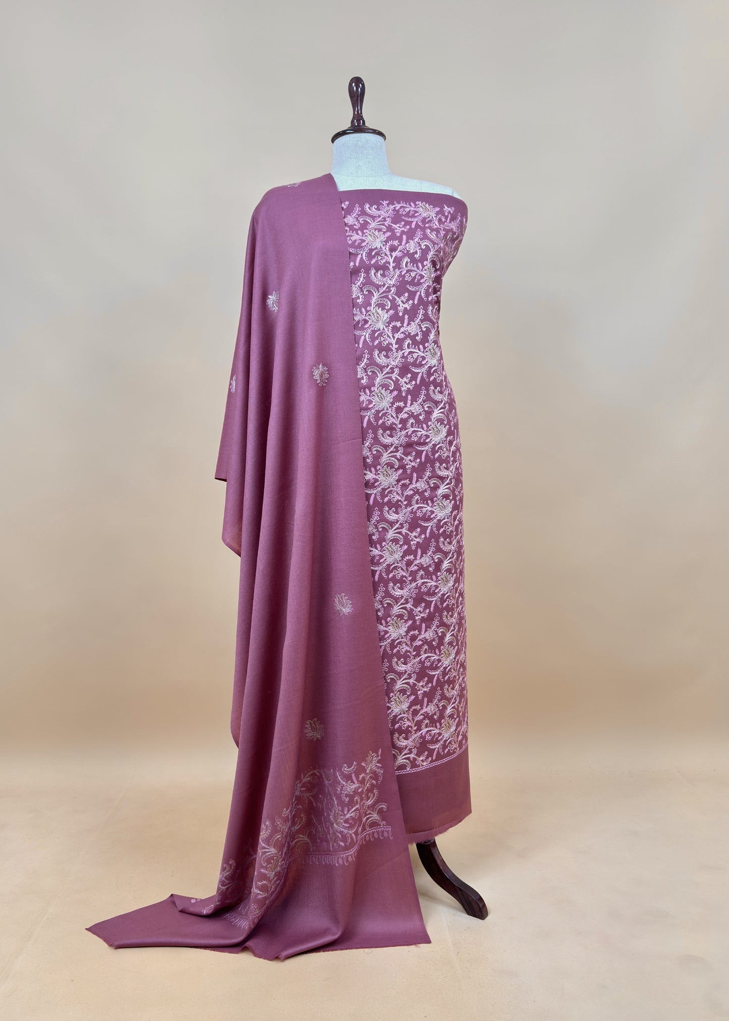Rouge Pink Pure Merino Wool With Beautiful Zari And Aari Embroidery