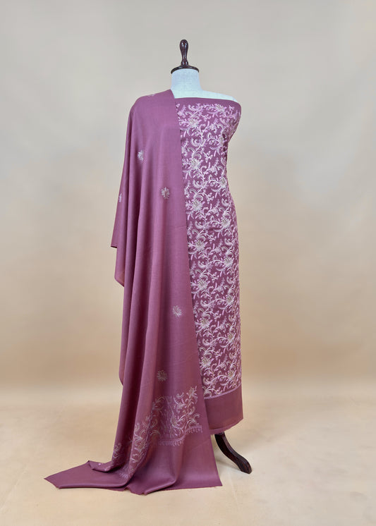Rouge Pink Pure Merino Wool With Beautiful Zari And Aari Embroidery