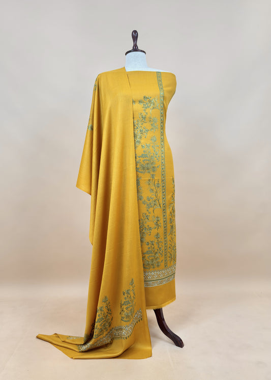 Yellow Pure Merino Wool with Beautiful Aari Embroidery