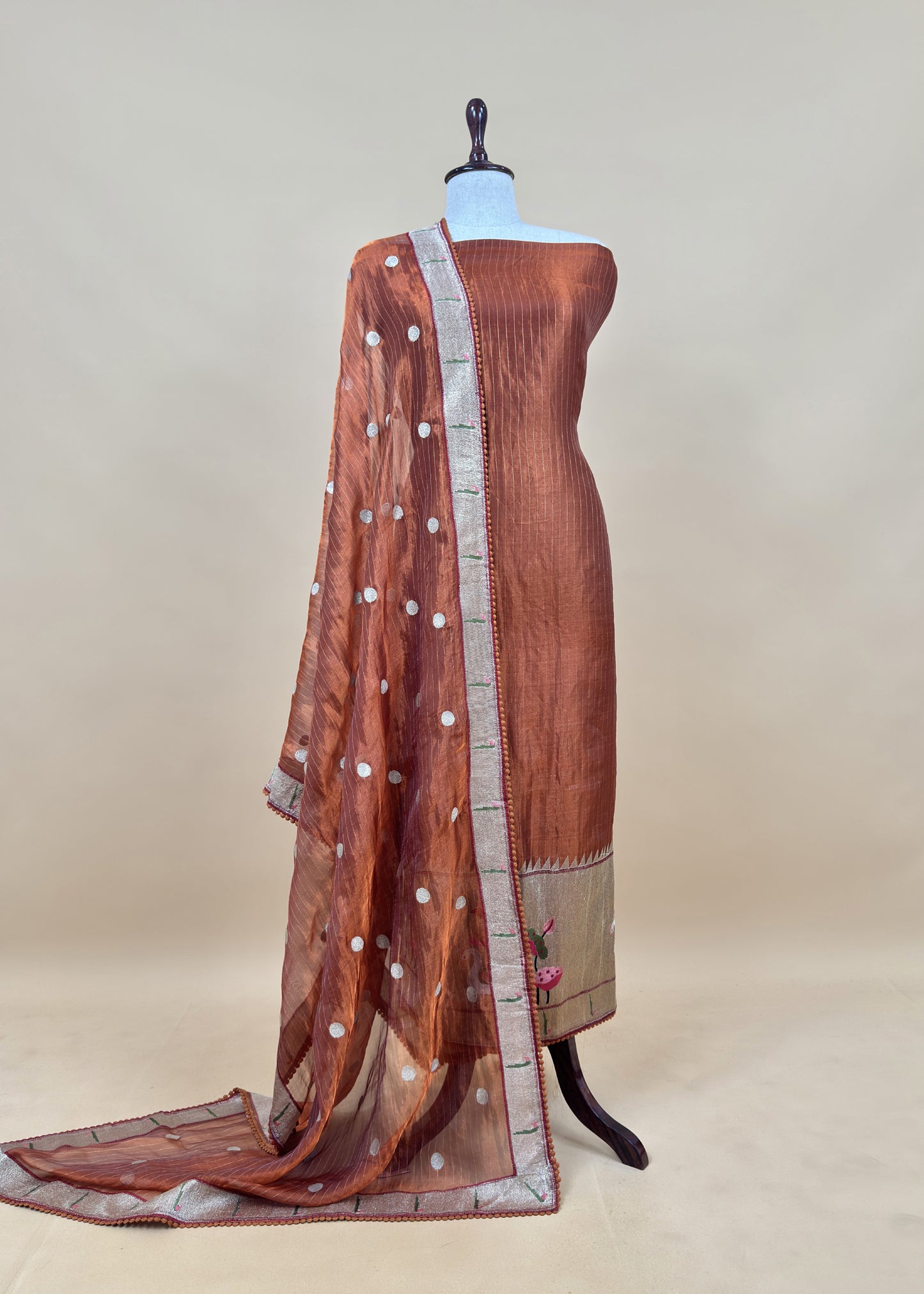 Brown Handloom Self Tissue Silk Suit Fabric With Paithani Weaving