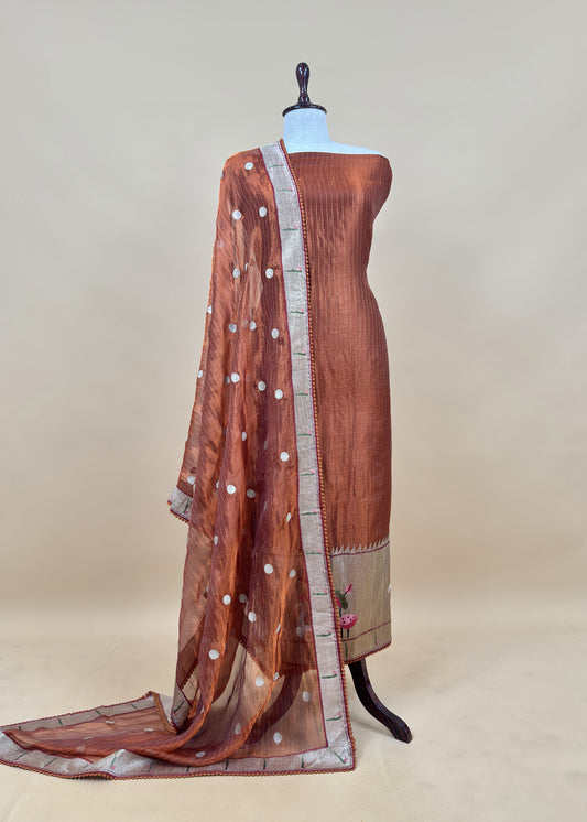 Brown Handloom Self Tissue Silk Suit Fabric With Paithani Weaving