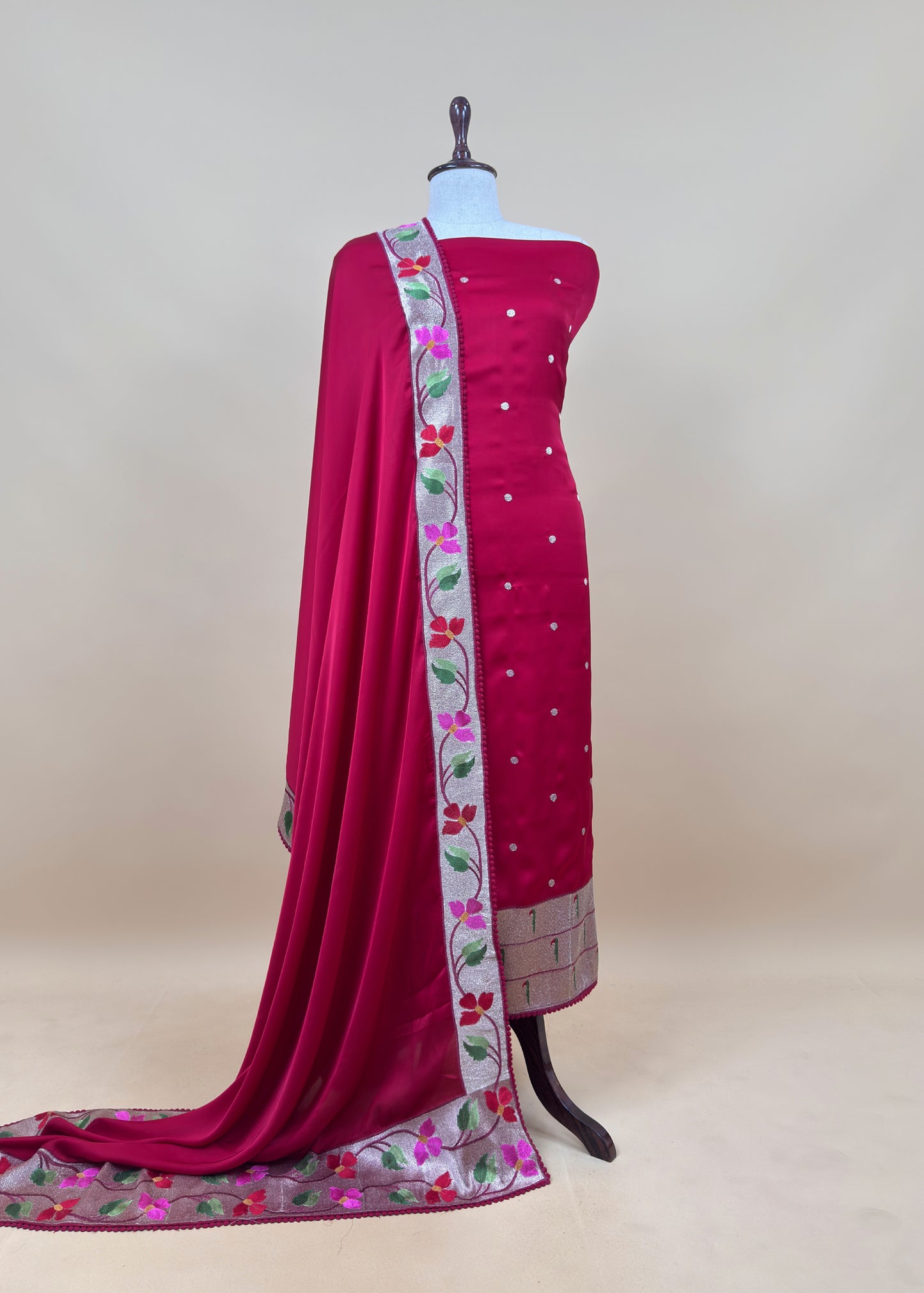 Laal Ishq Handloom Self Embroidered Satin Silk Suit Fabric With Paithani Weaving