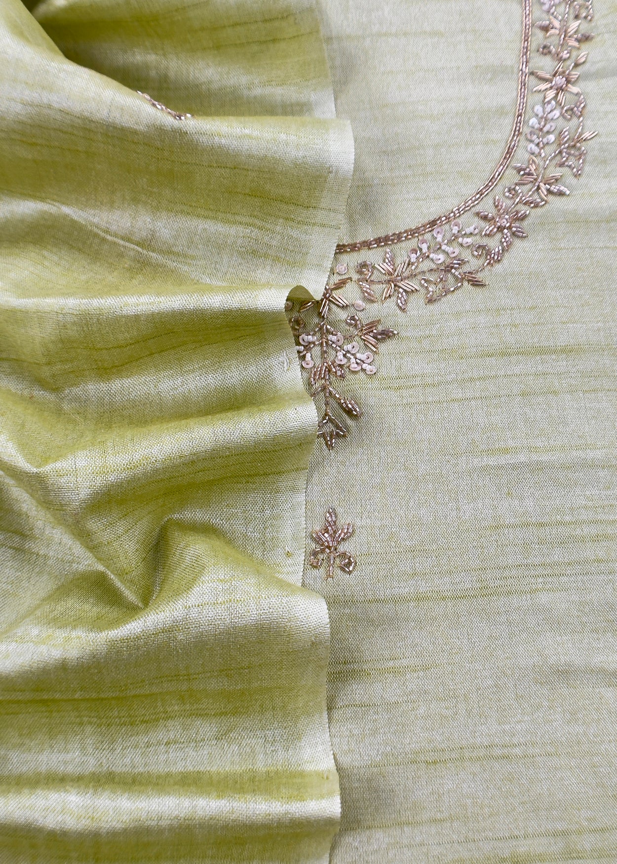 Pastel Green Art Tussar Suit With Cutdana And Sequin Handwork