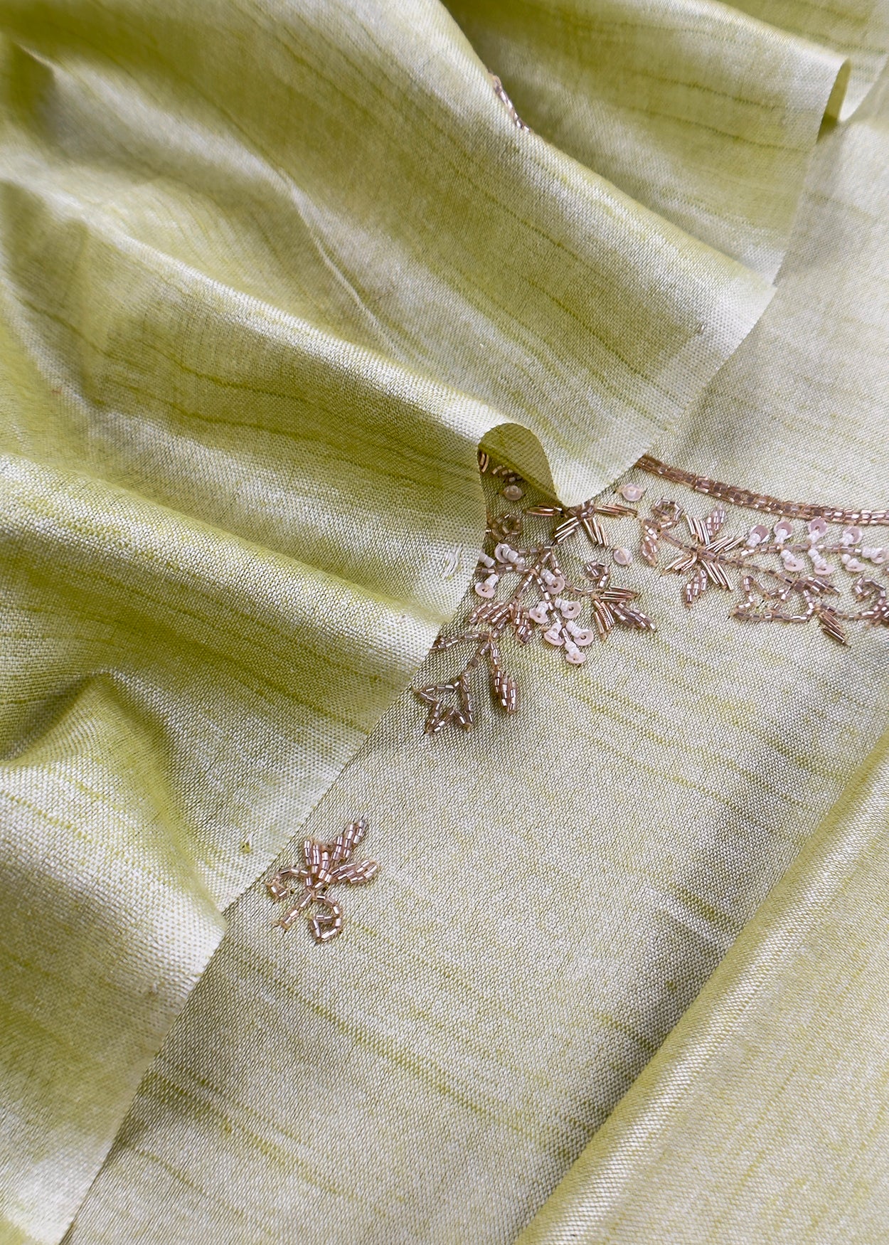 Pastel Green Art Tussar Suit With Cutdana And Sequin Handwork