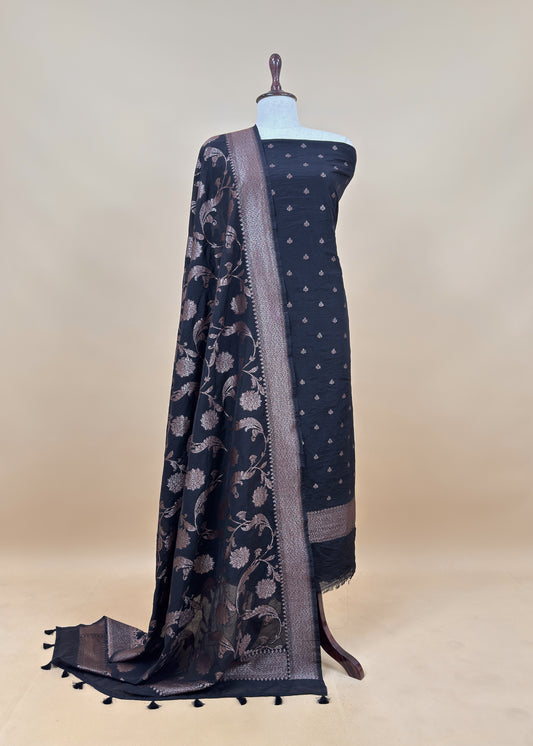 Soot Black Georgette Silk Suit Fabric With Zari Weaving