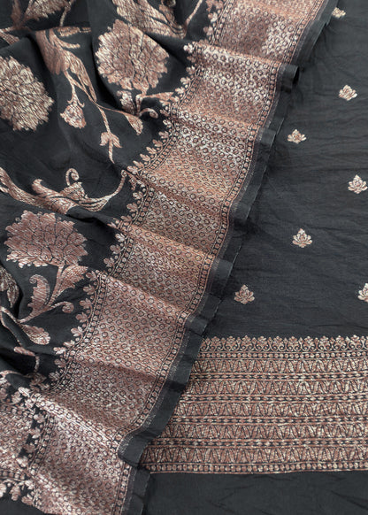 Soot Black Georgette Silk Suit Fabric With Zari Weaving