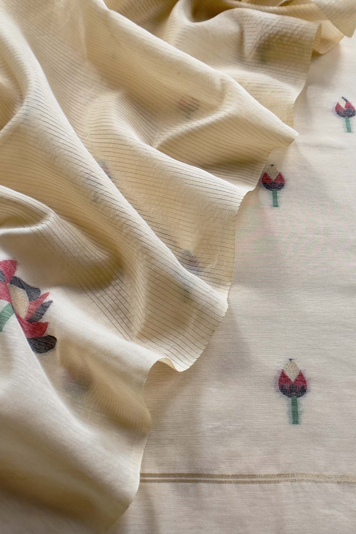 Beige Linen Chanderi Suit With Lotus Jamdani Weaving