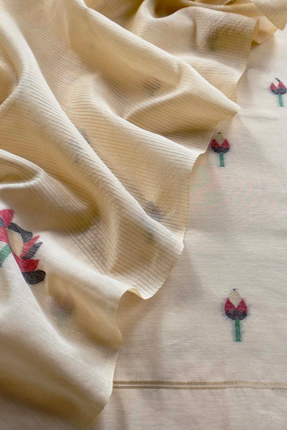 Beige Linen Chanderi Suit With Lotus Jamdani Weaving