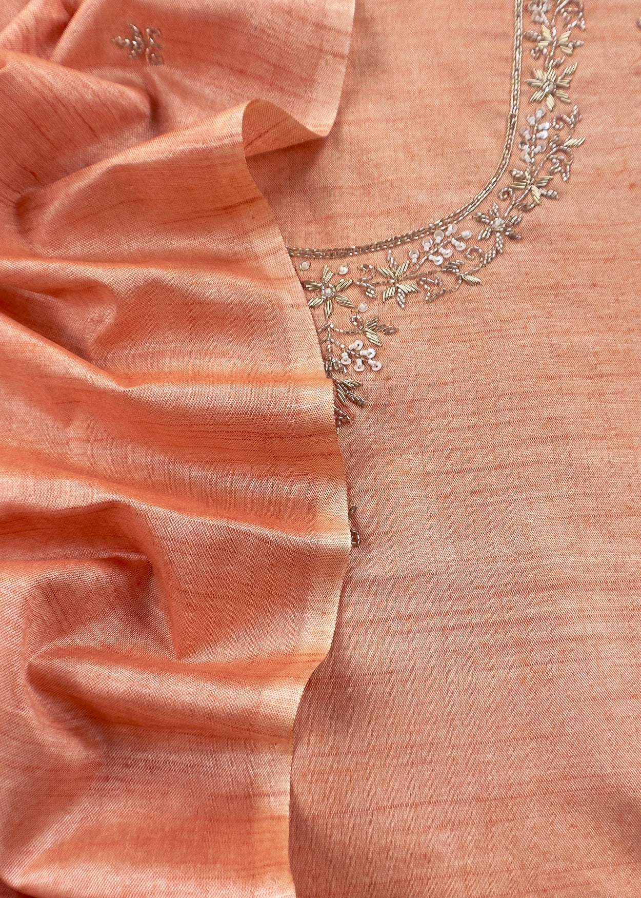 Light Orange Art Tussar Suit With Cutdana And Sequin Handwork