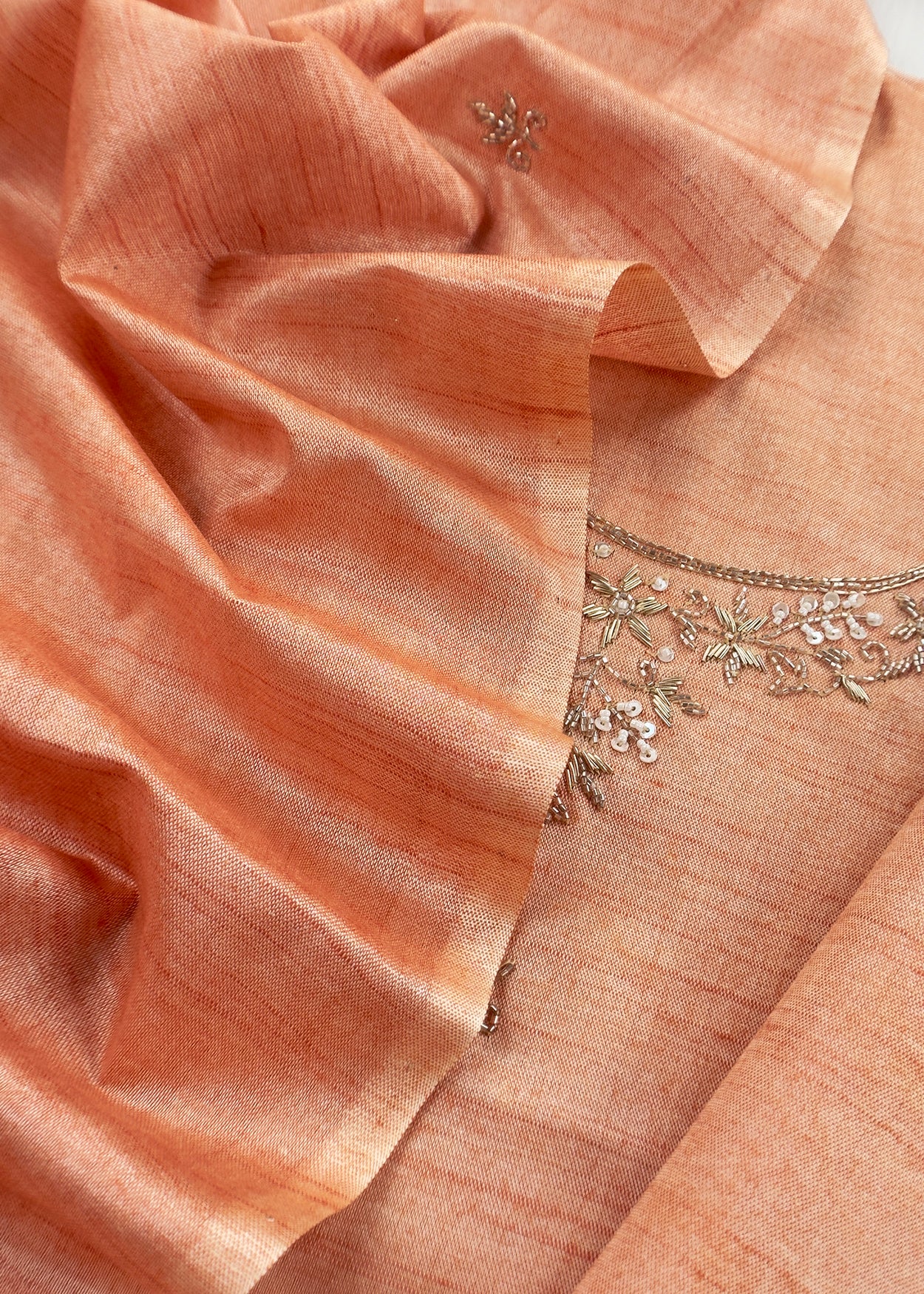 Light Orange Art Tussar Suit With Cutdana And Sequin Handwork
