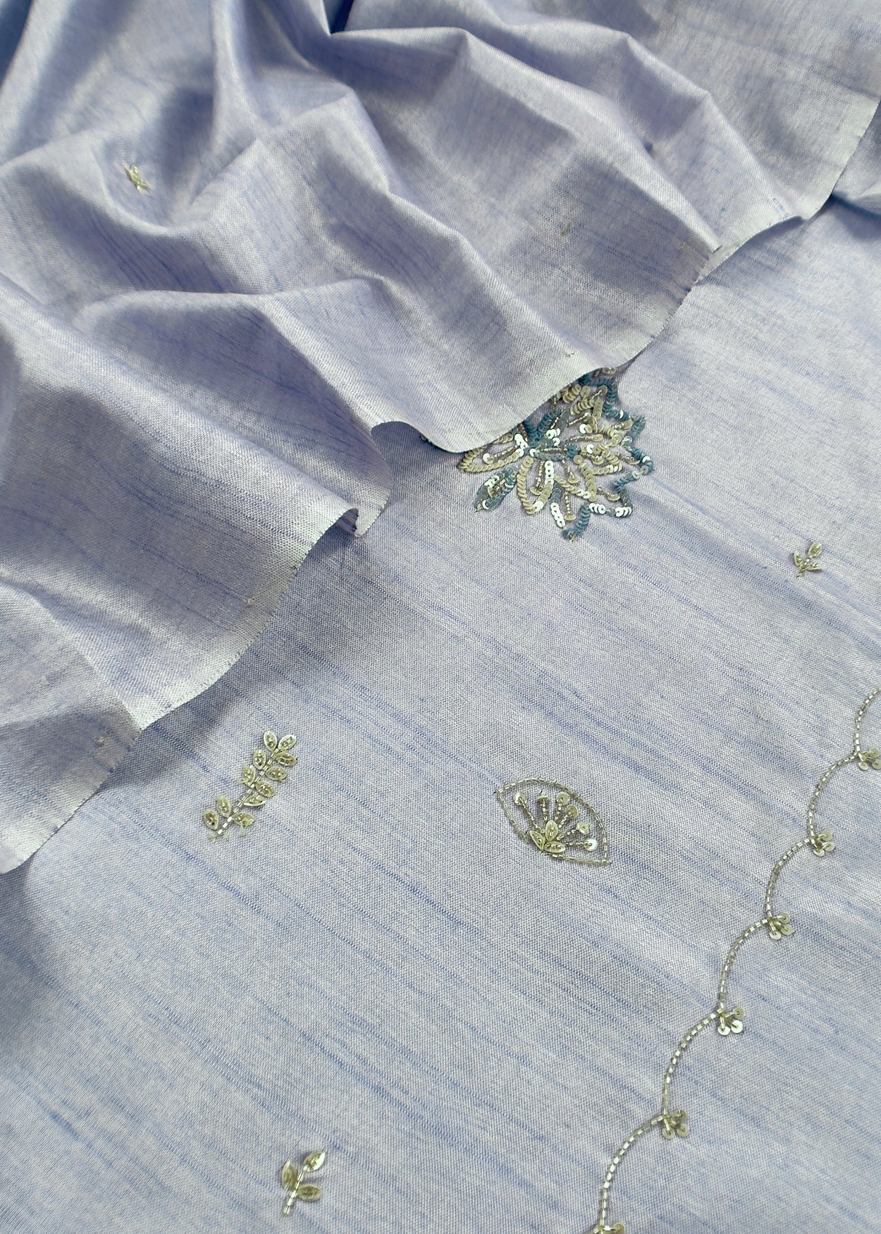 Steel Blue Art Tussar Suit With Cutdana And Sequin Handwork