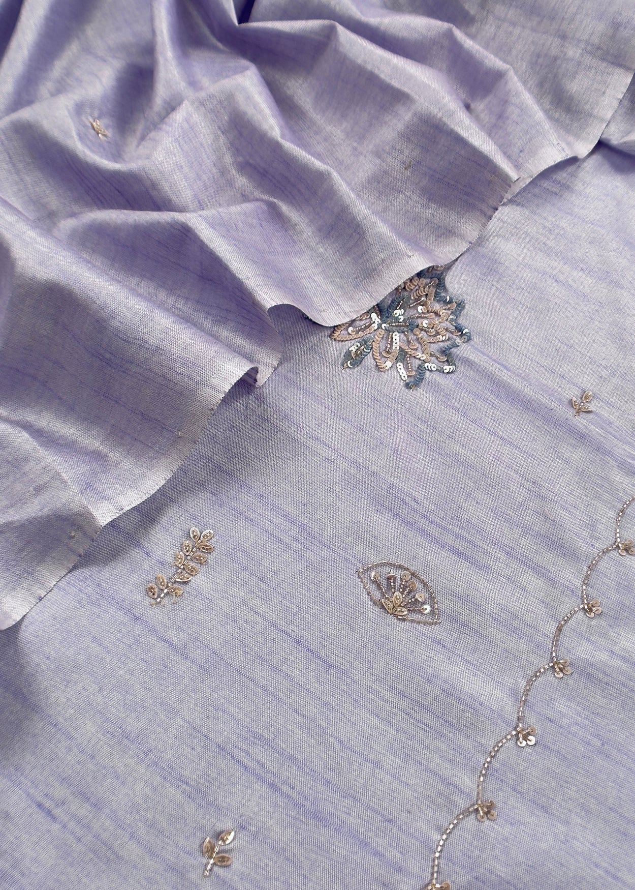 Lavender Art Tussar Suit With Cutdana And Sequin Handwork