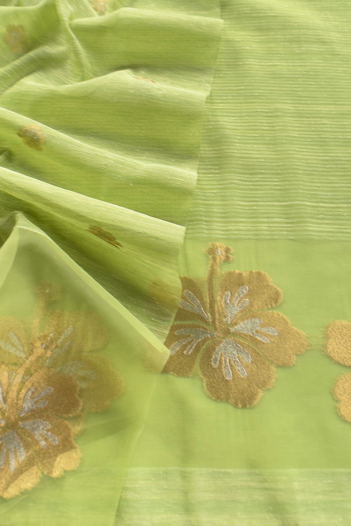 Parrot Green Linen Chanderi Suit With Gold Zari Jamdani Weaving
