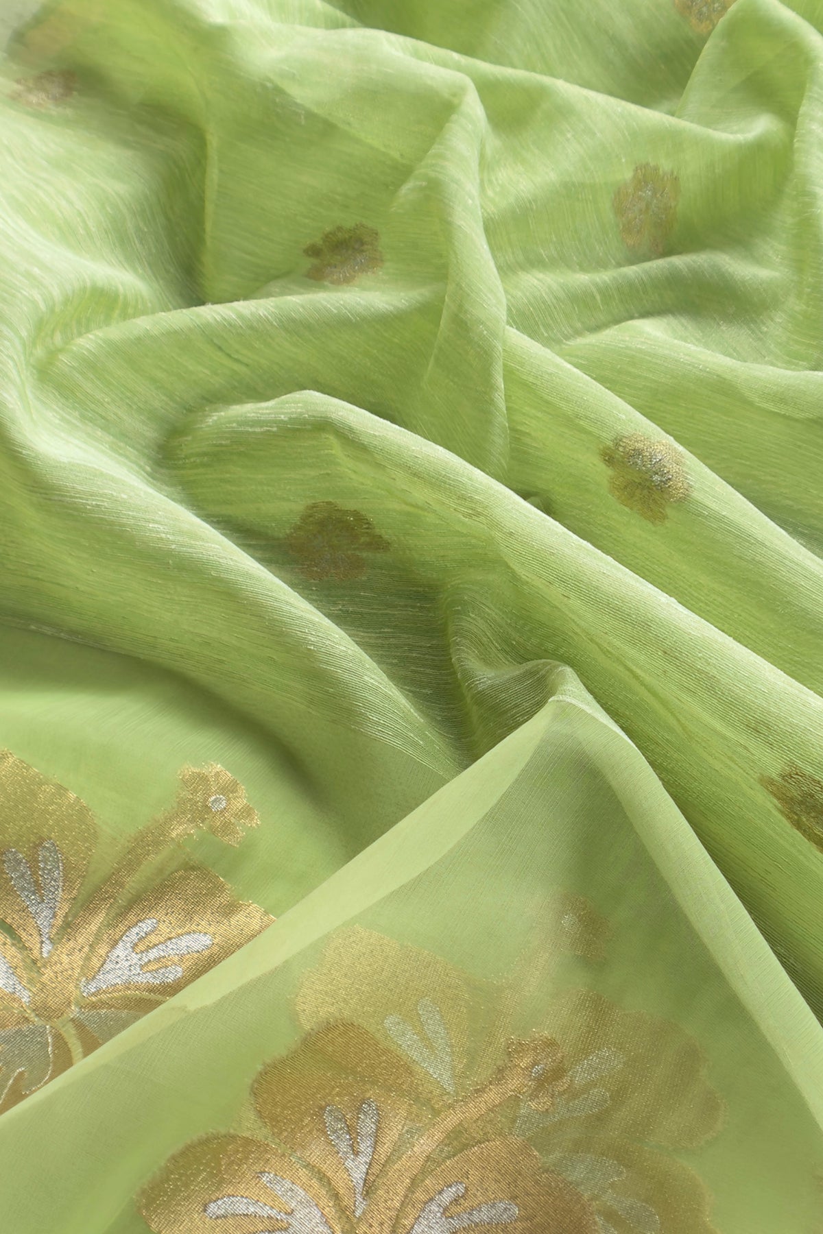 Parrot Green Linen Chanderi Suit With Gold Zari Jamdani Weaving