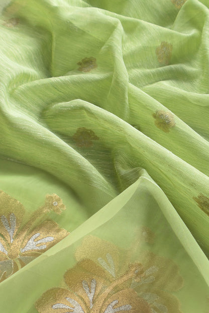 Parrot Green Linen Chanderi Suit With Gold Zari Jamdani Weaving