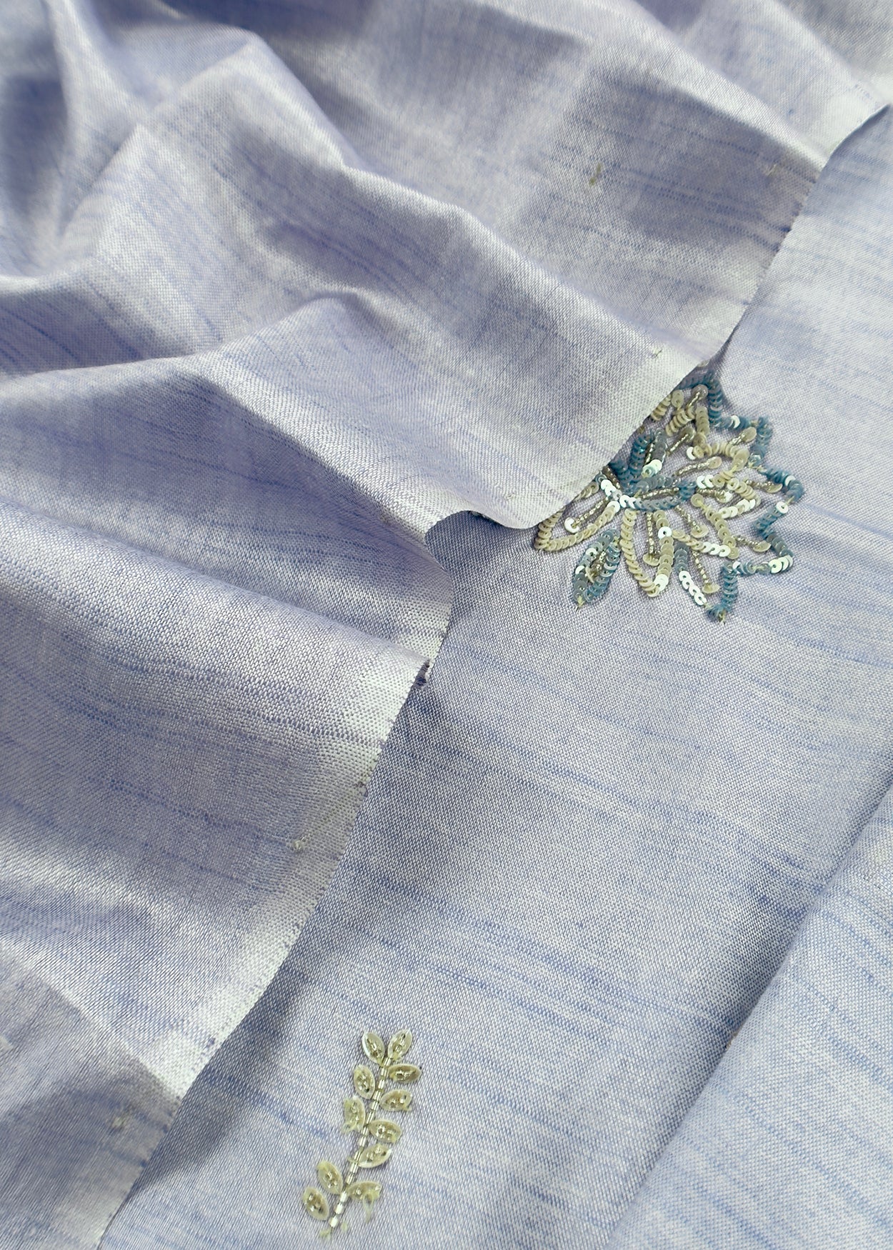 Steel Blue Art Tussar Suit With Cutdana And Sequin Handwork