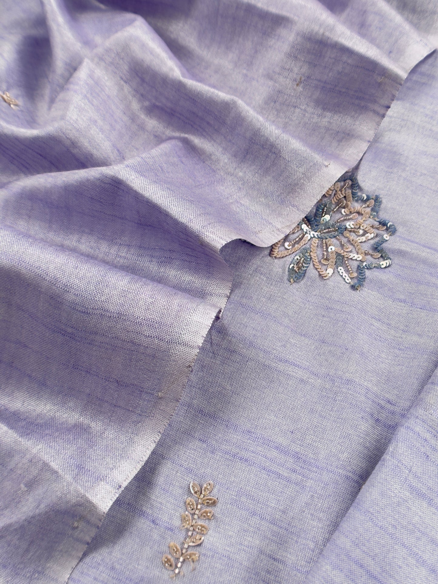 Lavender Art Tussar Suit With Cutdana And Sequin Handwork