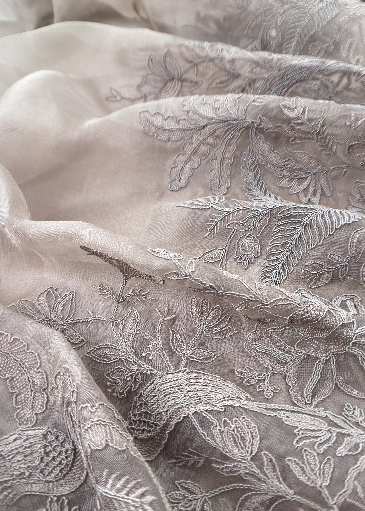 Metallic Grey Kalasheel Luxe Handloom Organza Suit With Garden French Embroidery