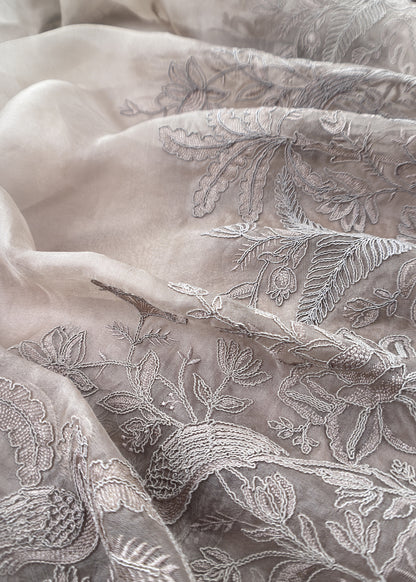 Metallic Grey Kalasheel Luxe Handloom Organza Suit With Garden French Embroidery
