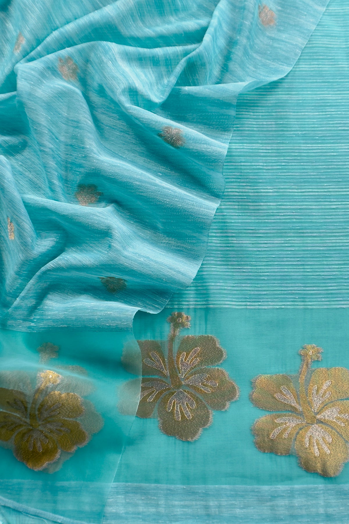 Ice Blue Linen Chanderi Suit With Gold Zari Jamdani Weaving